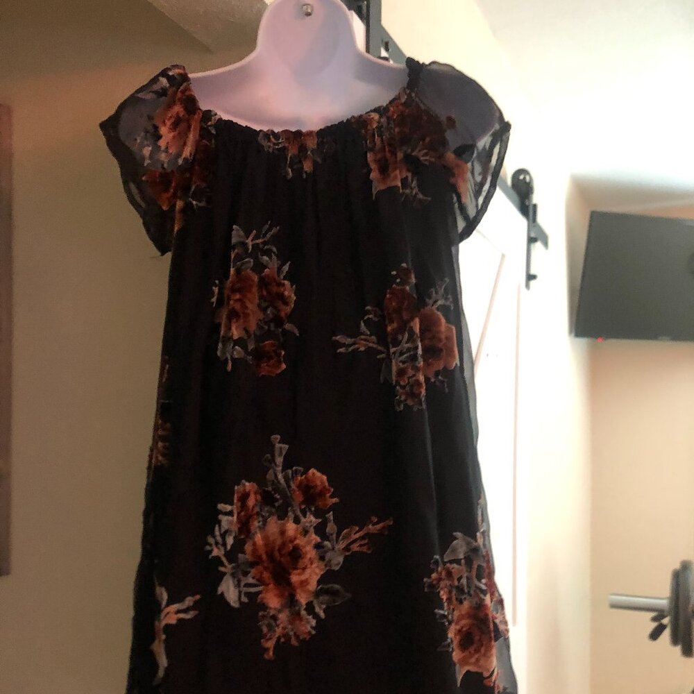 Black sheer with velvet flowers mini Dress